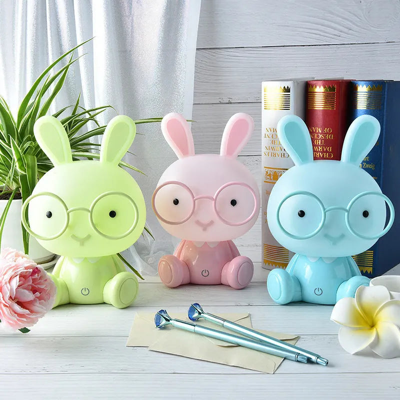 Cartoon rabbit night light with glasses, USB-powered dimmable table lamp in blue, green, or pink colours