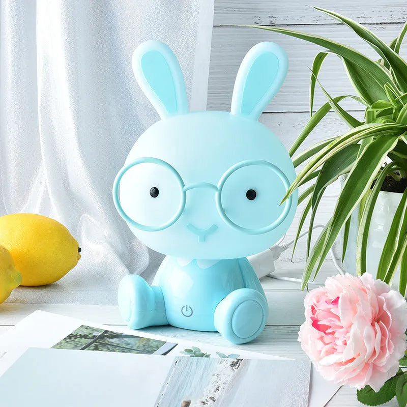 Cartoon rabbit night light with glasses, USB-powered dimmable table lamp in blue, green, or pink colours