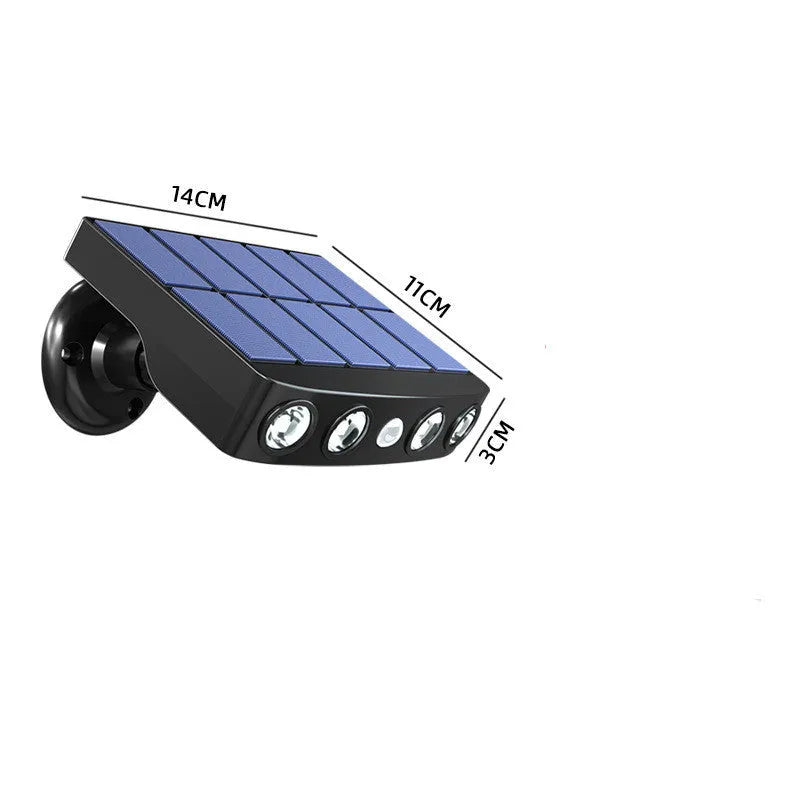 Black solar-powered motion sensor wall lamp mounted on exterior wall