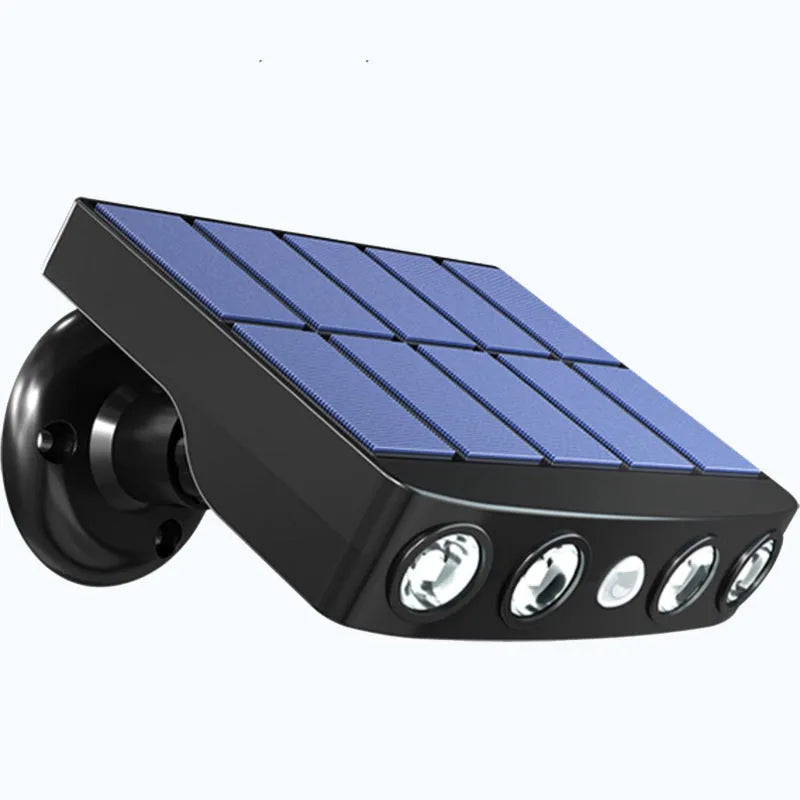 Black solar-powered motion sensor wall lamp mounted on exterior wall