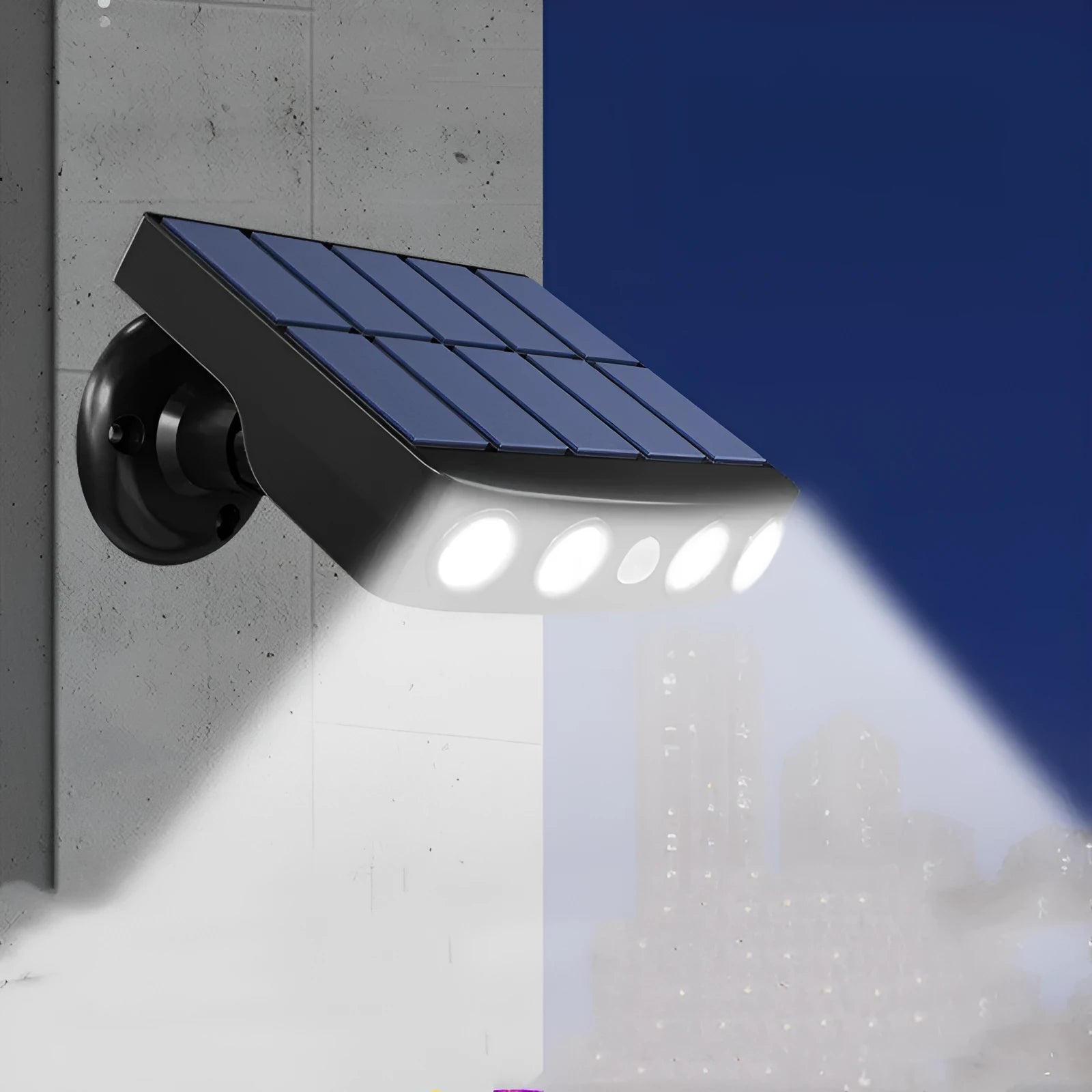 Black solar-powered motion sensor wall lamp mounted on exterior wall