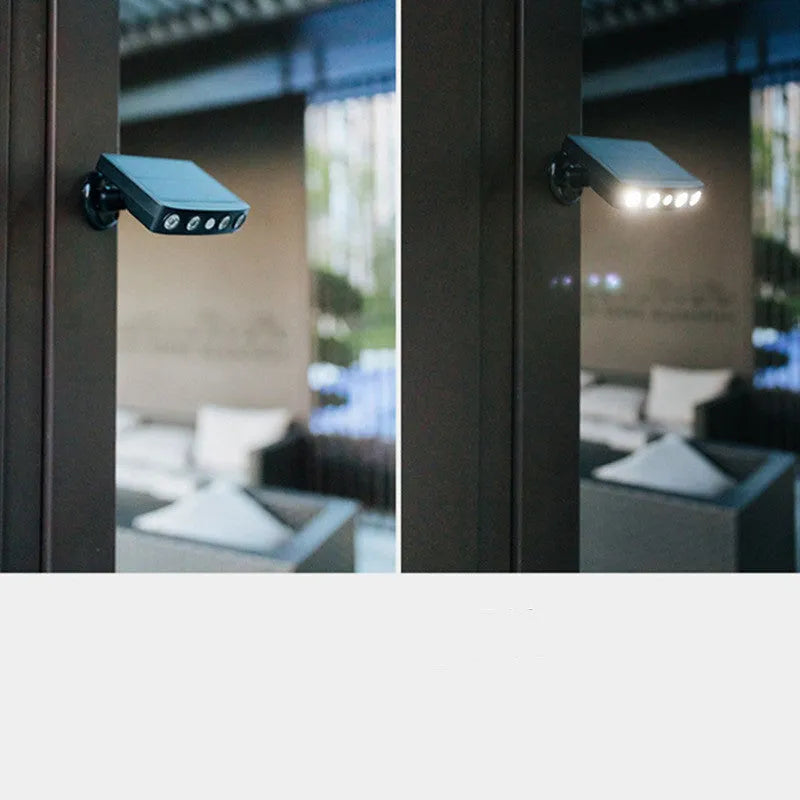 Black solar-powered motion sensor wall lamp mounted on exterior wall