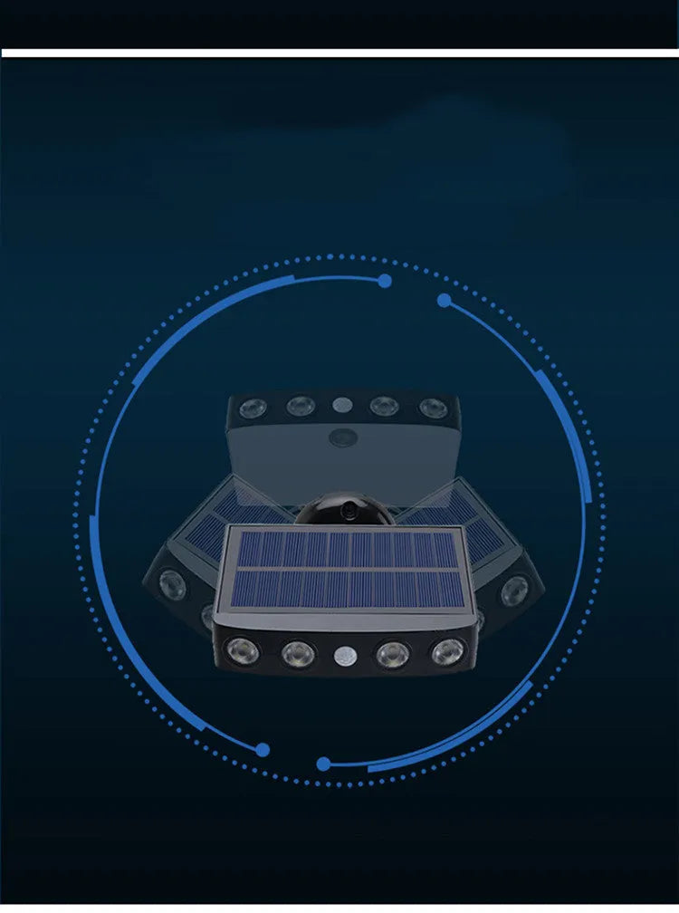 Black solar-powered motion sensor wall lamp mounted on exterior wall