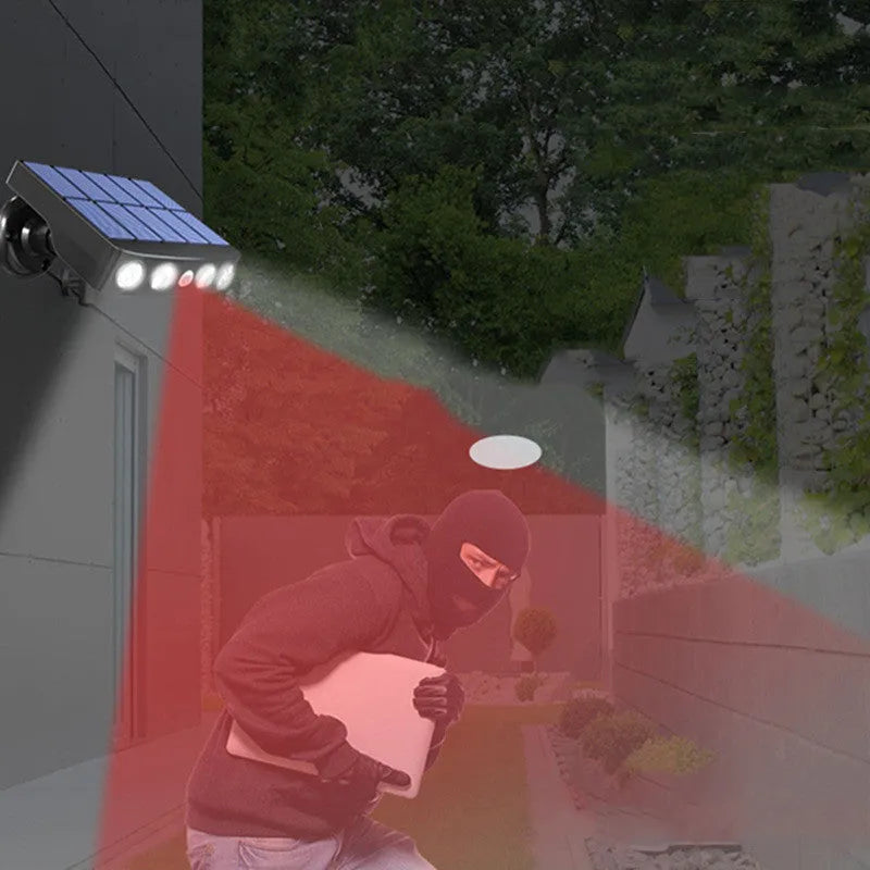 Black solar-powered motion sensor wall lamp mounted on exterior wall