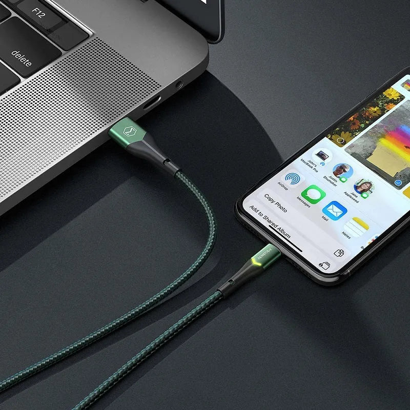 Apple compatible Lightning cable with LED indicator light, aluminium alloy connector, 1.2m length, black