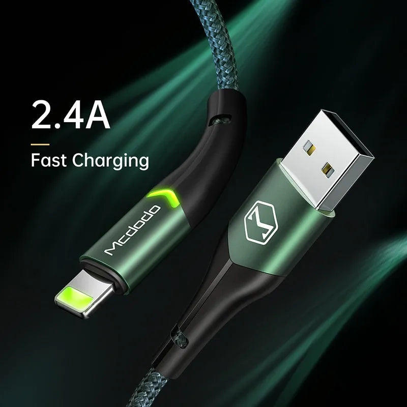 Apple compatible Lightning cable with LED indicator light, aluminium alloy connector, 1.2m length, black