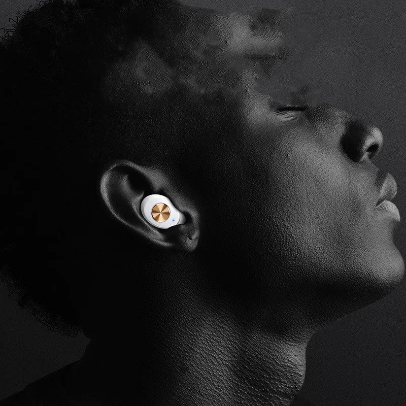Compact black Wireless Bluetooth Mini TWS earbuds and charging case on a white background.