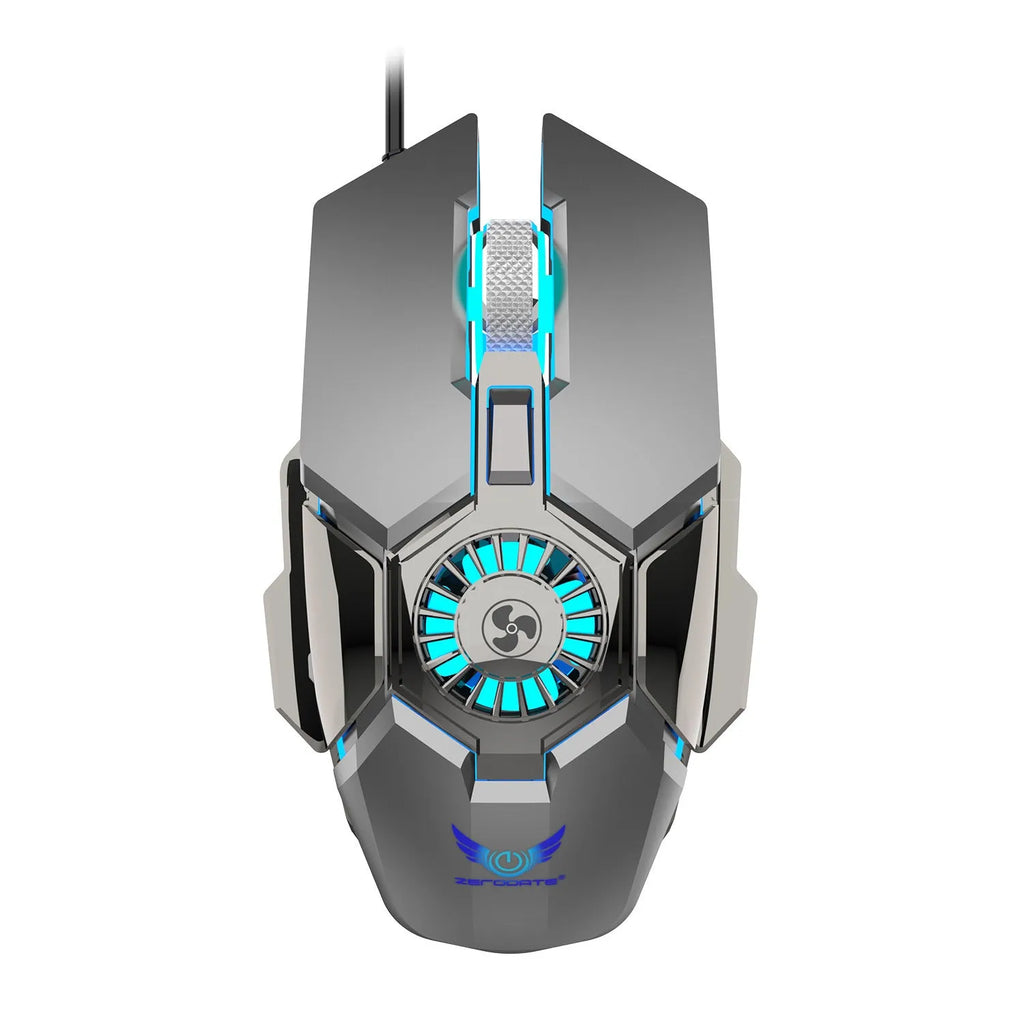 Black wired gaming mouse with RGB lighting, cooling fan, and macro programming, 6400 DPI, USB