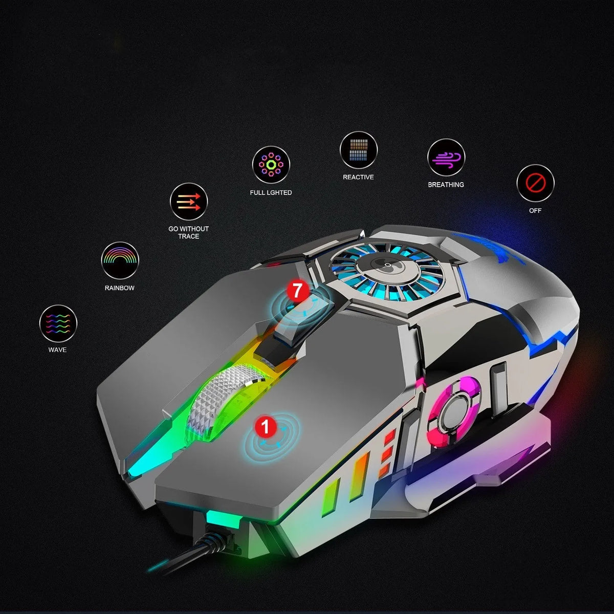 Black wired gaming mouse with RGB lighting, cooling fan, and macro programming, 6400 DPI, USB
