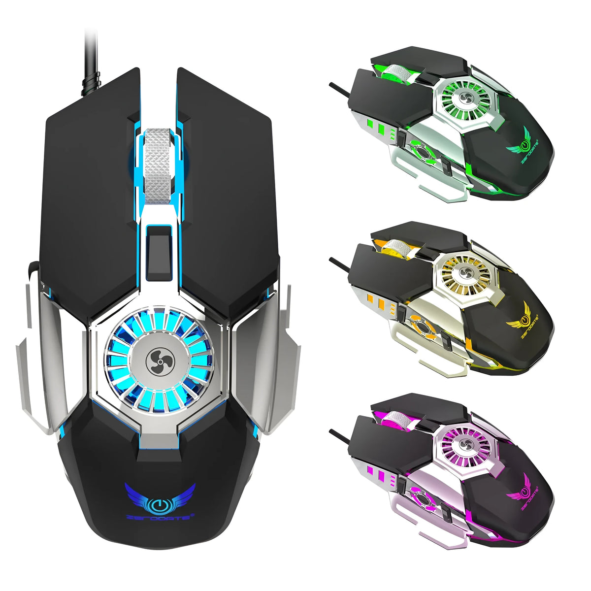Black wired gaming mouse with RGB lighting, cooling fan, and macro programming, 6400 DPI, USB