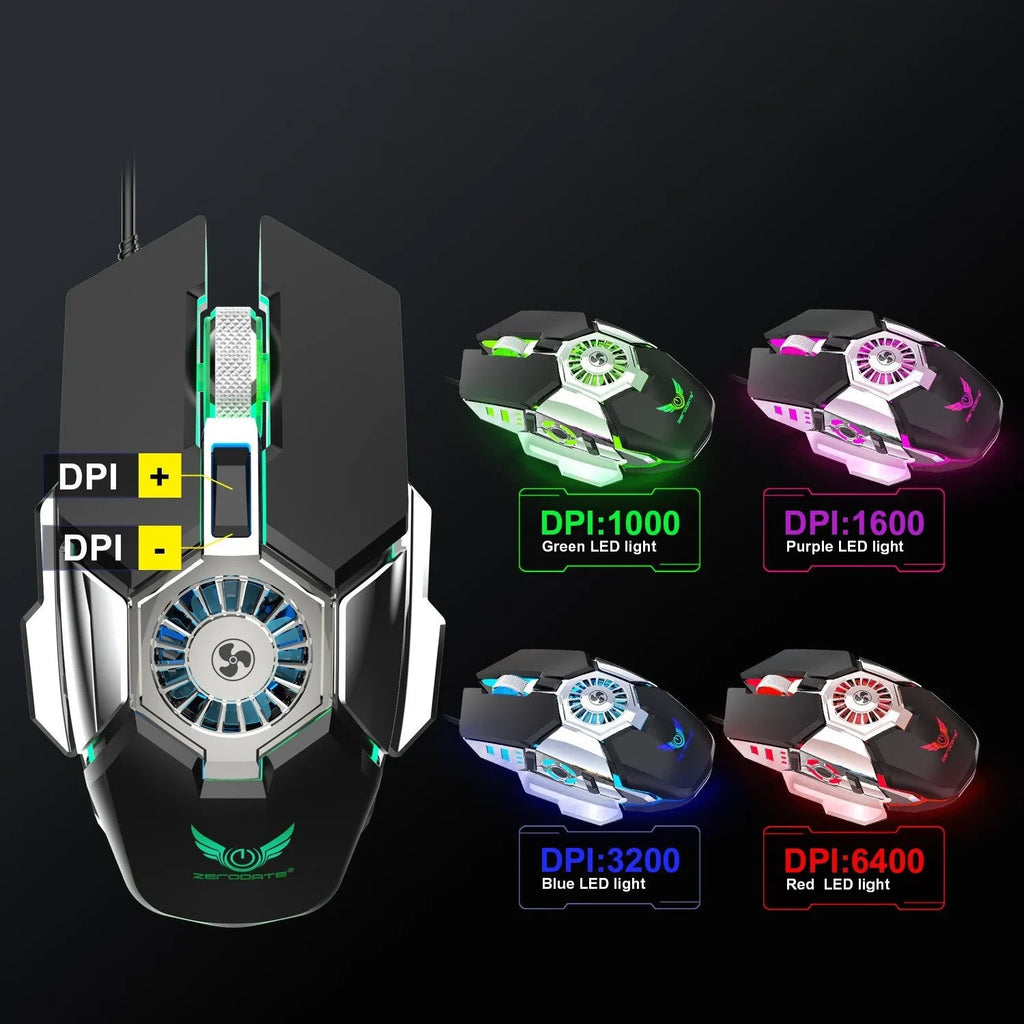 Black wired gaming mouse with RGB lighting, cooling fan, and macro programming, 6400 DPI, USB