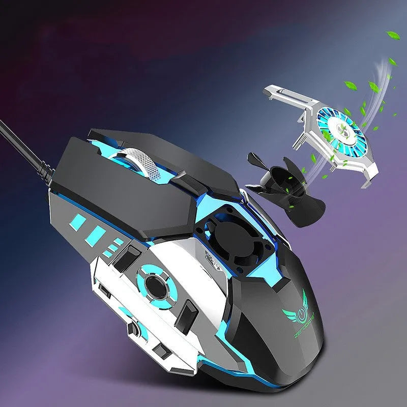 Black wired gaming mouse with RGB lighting, cooling fan, and macro programming, 6400 DPI, USB