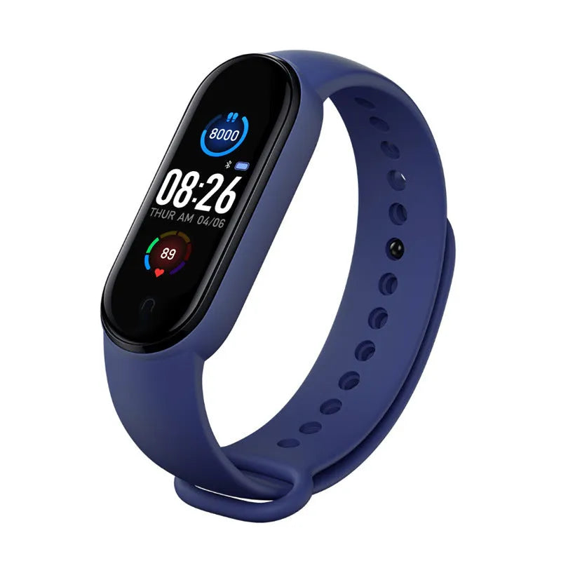 M5 smart bracelet with 0.96 inch screen for heart rate and blood pressure monitoring in black, blue, or red colours