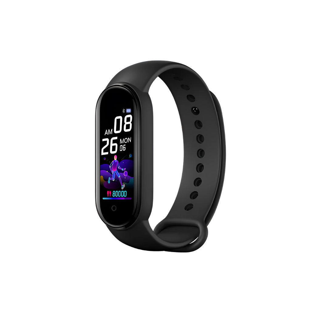 M5 smart bracelet with 0.96 inch screen for heart rate and blood pressure monitoring in black, blue, or red colours