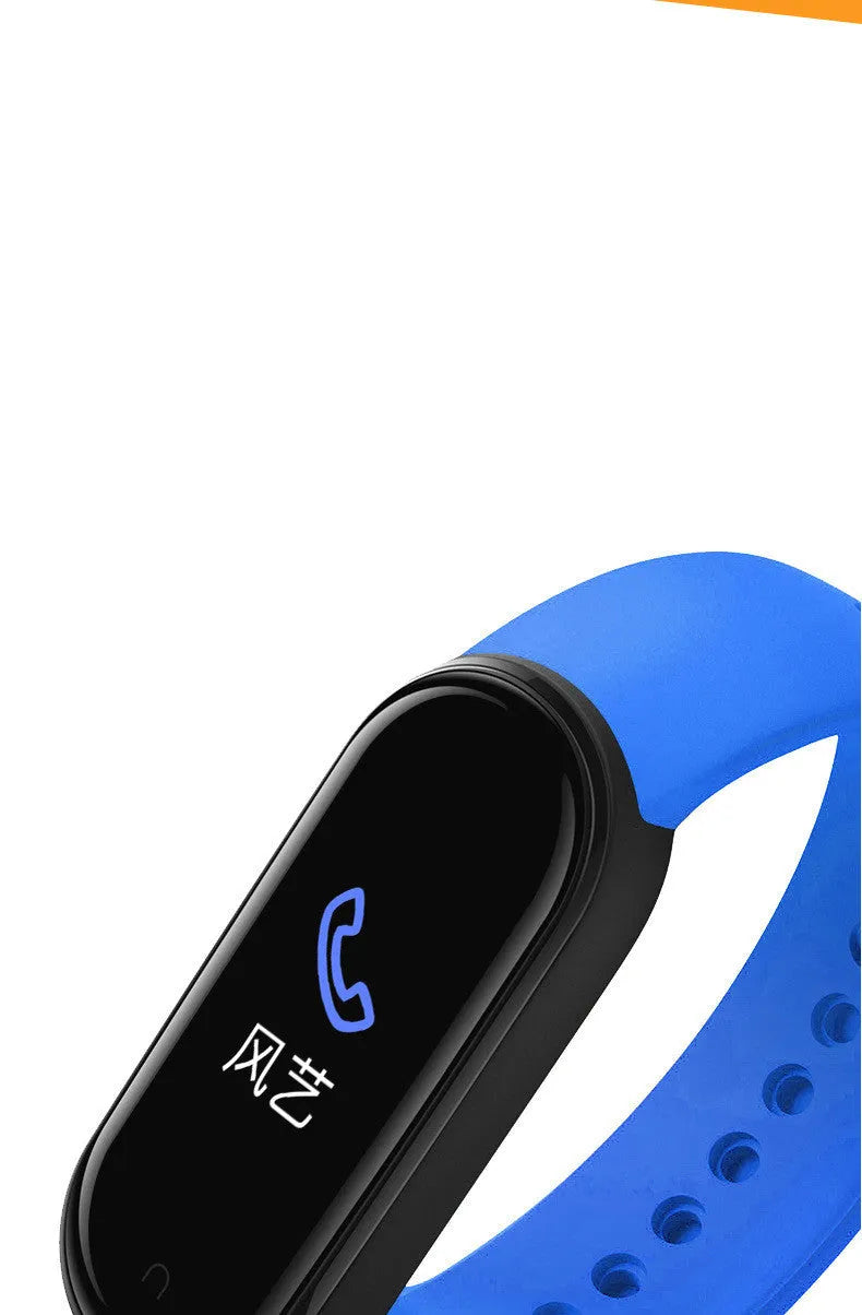 M5 smart bracelet with 0.96 inch screen for heart rate and blood pressure monitoring in black, blue, or red colours