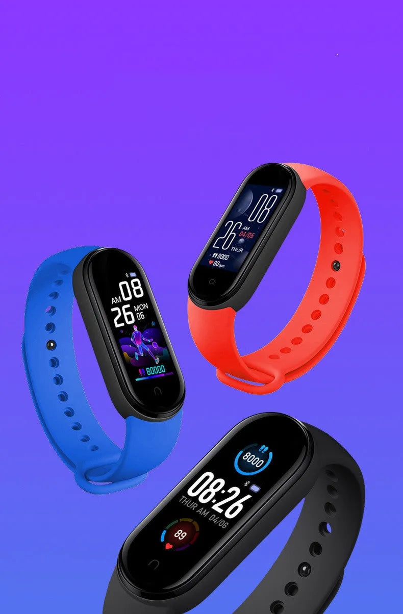 M5 smart bracelet with 0.96 inch screen for heart rate and blood pressure monitoring in black, blue, or red colours