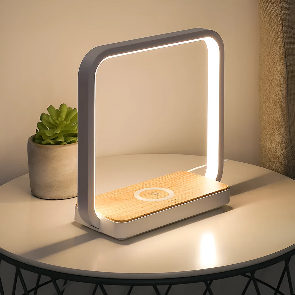 Modern smart bedside lamp with aluminium shade in white, featuring touch sensor and voice control.
