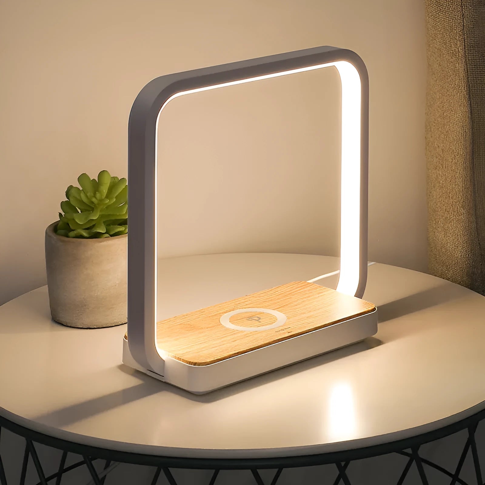 Modern smart bedside lamp with aluminium shade in white, featuring touch sensor and voice control.