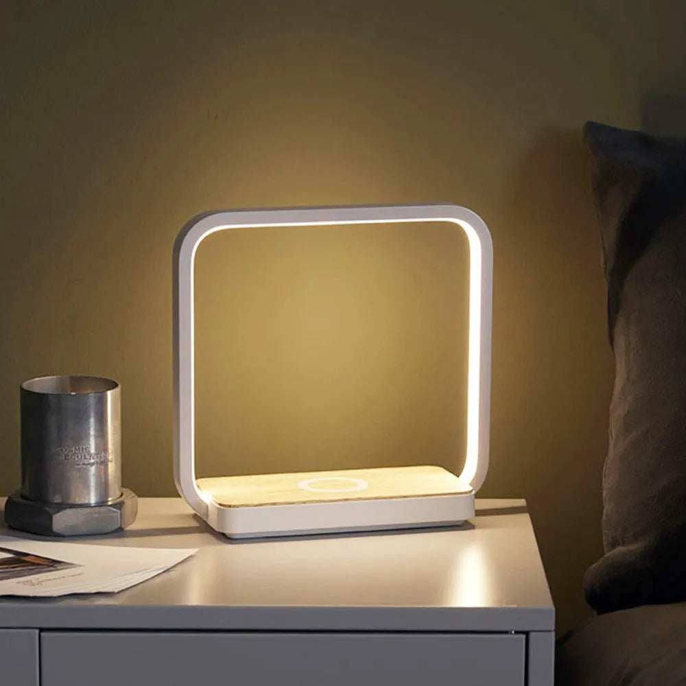 Modern smart bedside lamp with aluminium shade in white, featuring touch sensor and voice control.