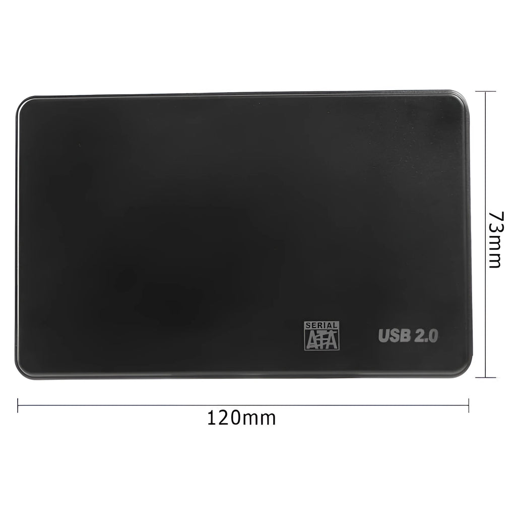 Black SATA hard disk enclosure with USB interface, ABS material, 120x73mm