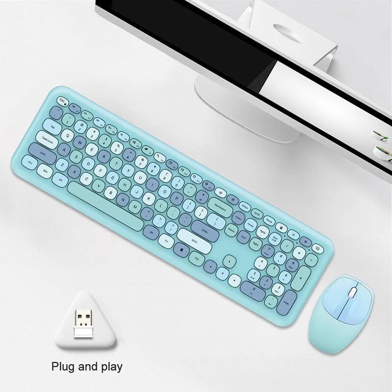 Wireless keyboard and mouse set with round keys, USB receiver, 1000dpi optical mouse, available in five colours