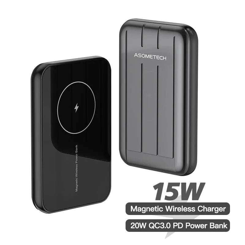Blue magnetic wireless power bank for iPhone 12 showing USB charging port.