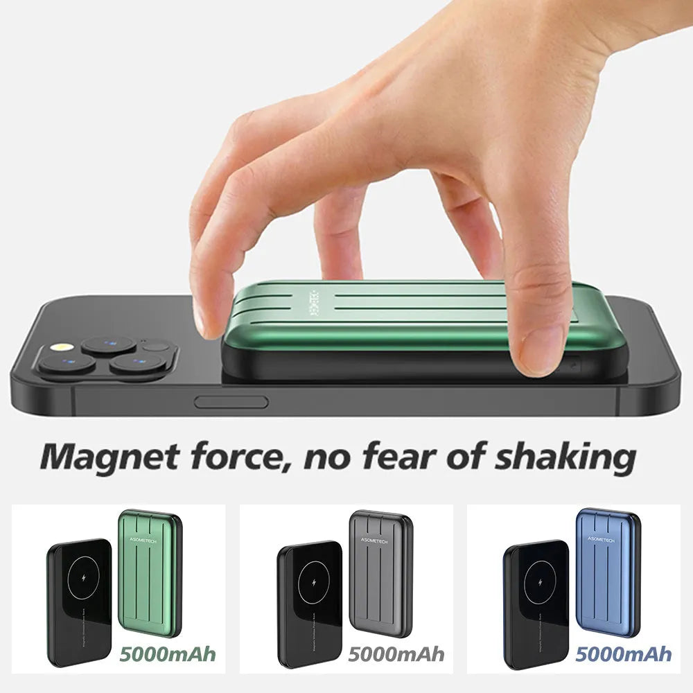 Blue magnetic wireless power bank for iPhone 12 showing USB charging port.