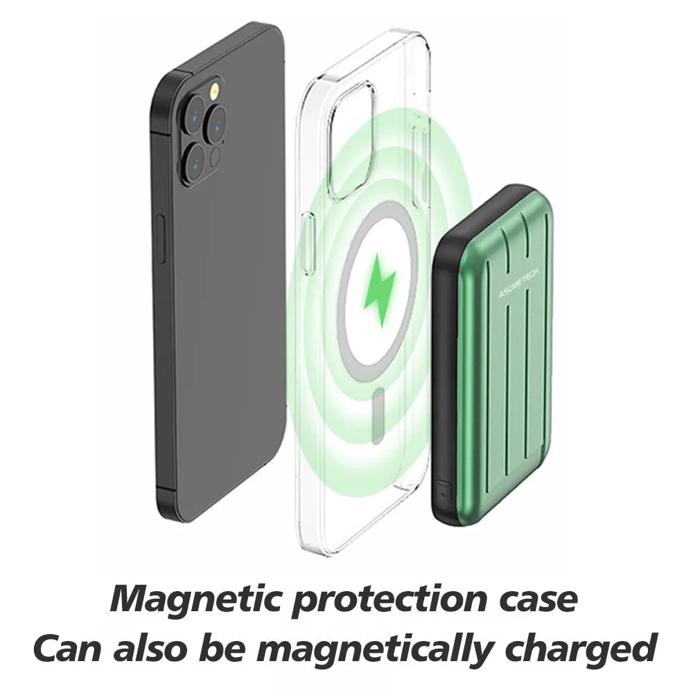 Blue magnetic wireless power bank for iPhone 12 showing USB charging port.