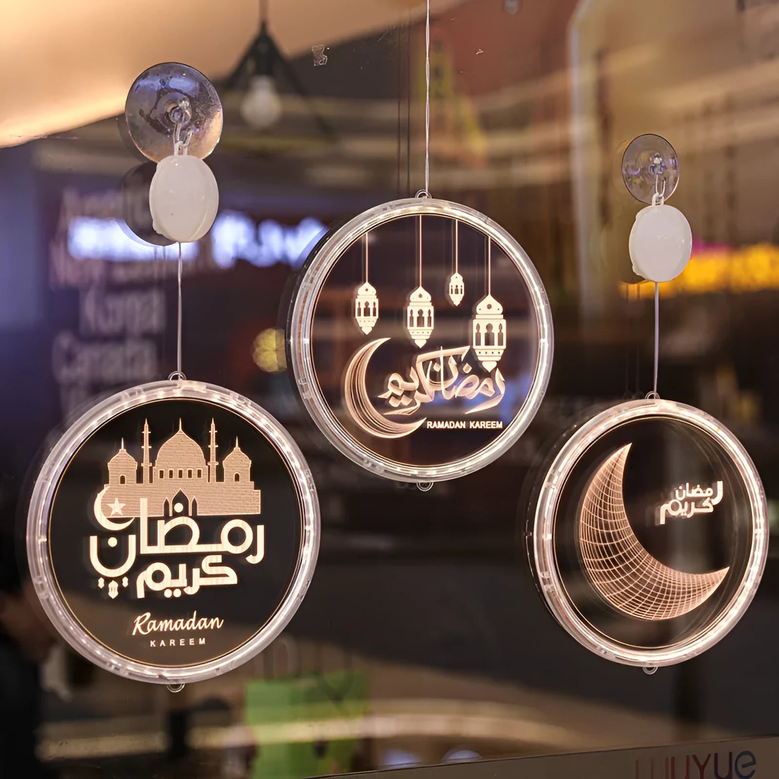LED Ramadan 3D hanging lamp in warm white acrylic, with hanging hole and sticker back, available in 16cm 24cm and 11.5x16cm sizes