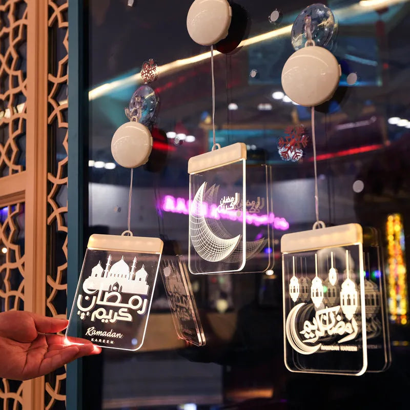 LED Ramadan 3D hanging lamp in warm white acrylic, with hanging hole and sticker back, available in 16cm 24cm and 11.5x16cm sizes