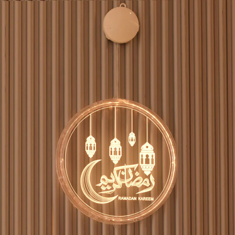 LED Ramadan 3D hanging lamp in warm white acrylic, with hanging hole and sticker back, available in 16cm 24cm and 11.5x16cm sizes