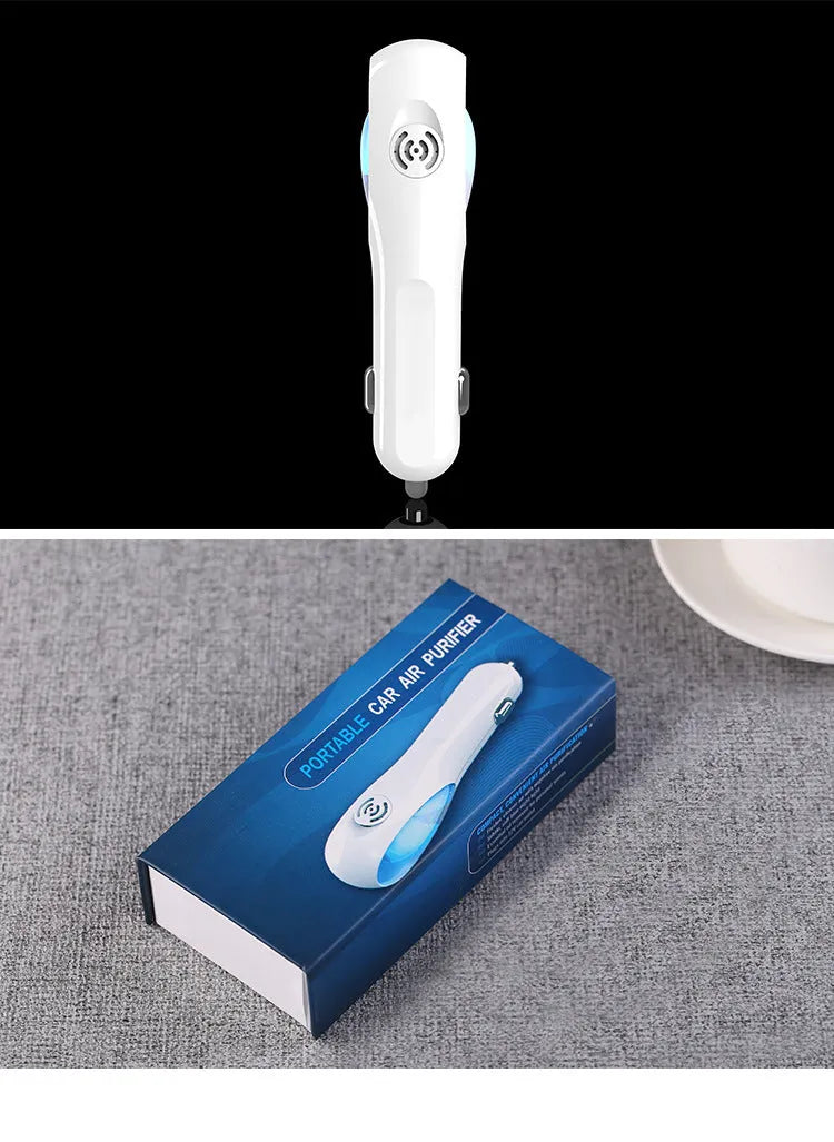 White PC negative ion air purifier, 25x26x104mm, for car DC12V use