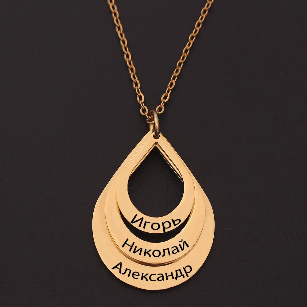 Custom engraved stainless steel pendant necklace with three water droplet design in gold, silver, and rose gold