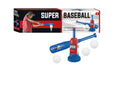 Children's baseball serving trainer with step pedal, three baseballs, and collapsible plastic bat on grass