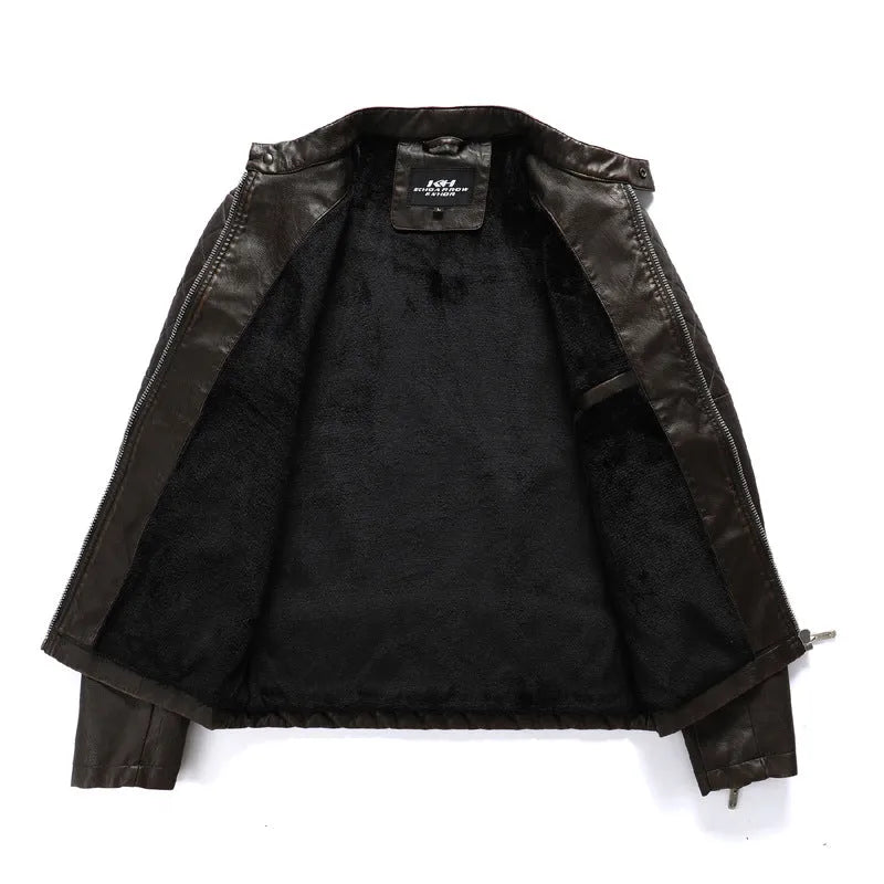 Men's PU leather jacket in black with stand-up collar and zipper closure, shown front view