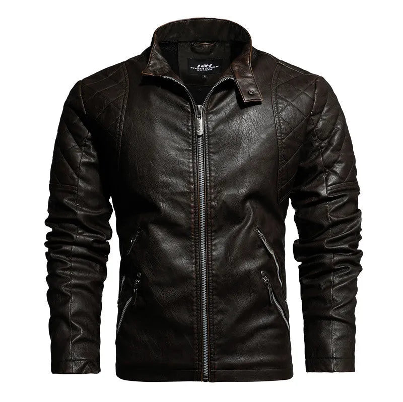 Men's PU leather jacket in black with stand-up collar and zipper closure, shown front view