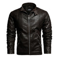 Men's PU leather jacket in black with stand-up collar and zipper closure, shown front view