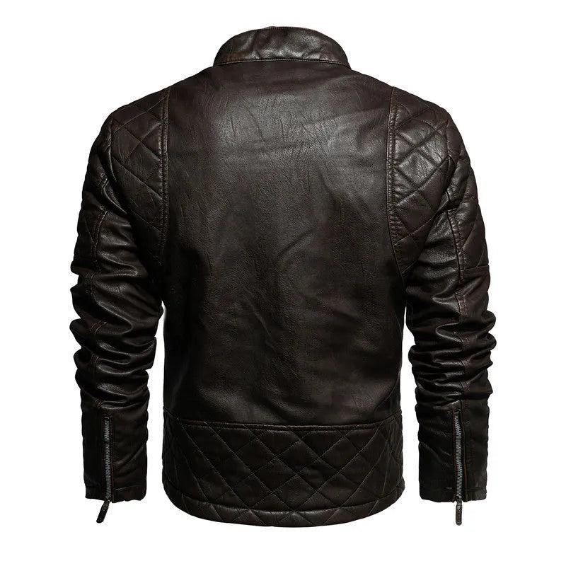 Men's PU leather jacket in black with stand-up collar and zipper closure, shown front view