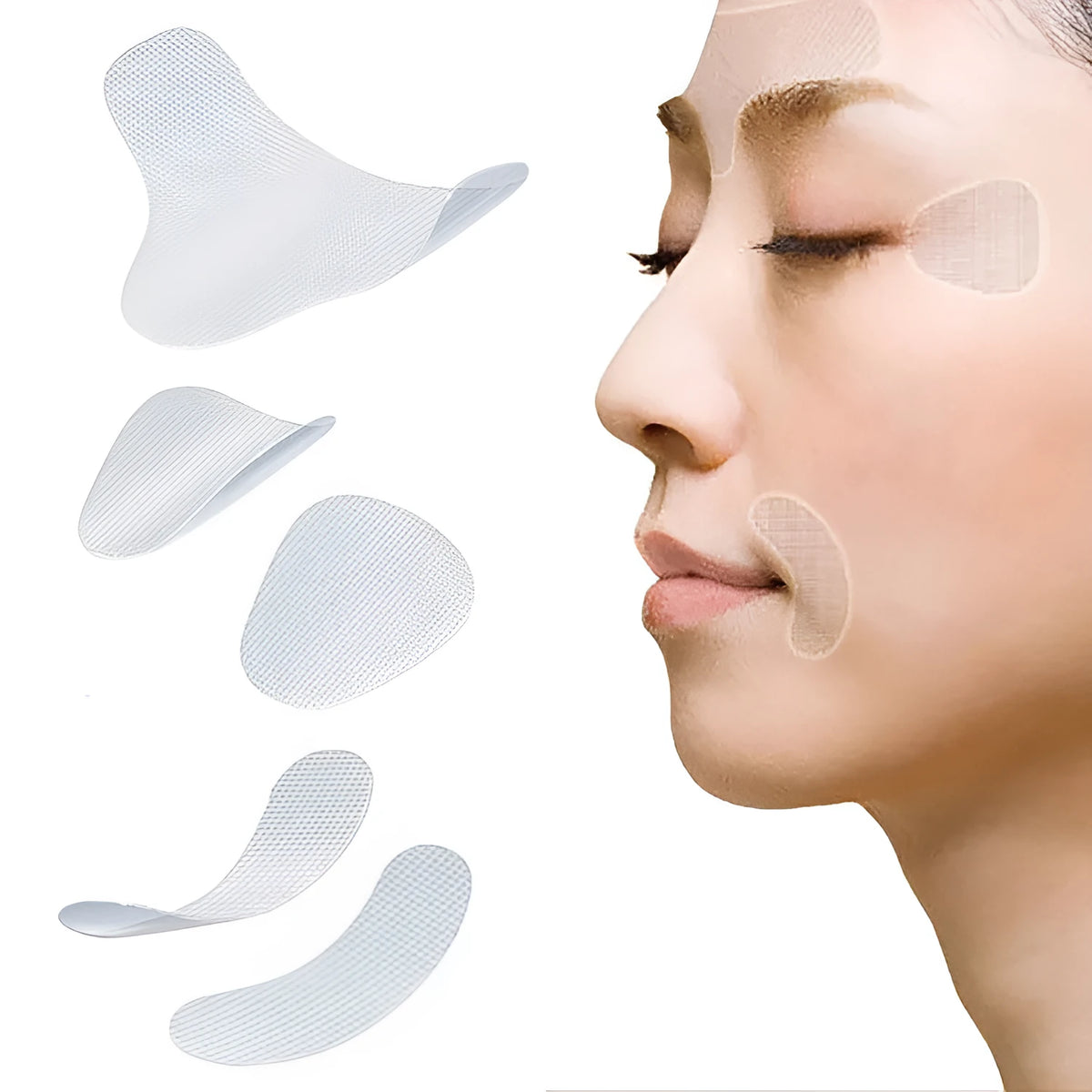 Transparent facial anti-wrinkle pads made of EVA resin and acrylic adhesive, shown on forehead and eye area.