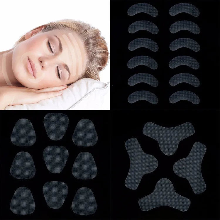 Transparent facial anti-wrinkle pads made of EVA resin and acrylic adhesive, shown on forehead and eye area.