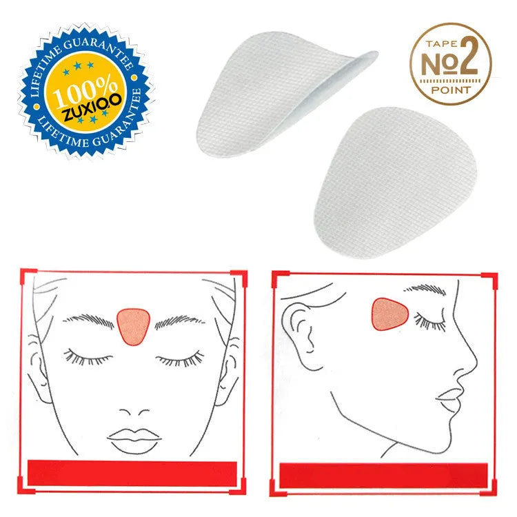 Transparent facial anti-wrinkle pads made of EVA resin and acrylic adhesive, shown on forehead and eye area.