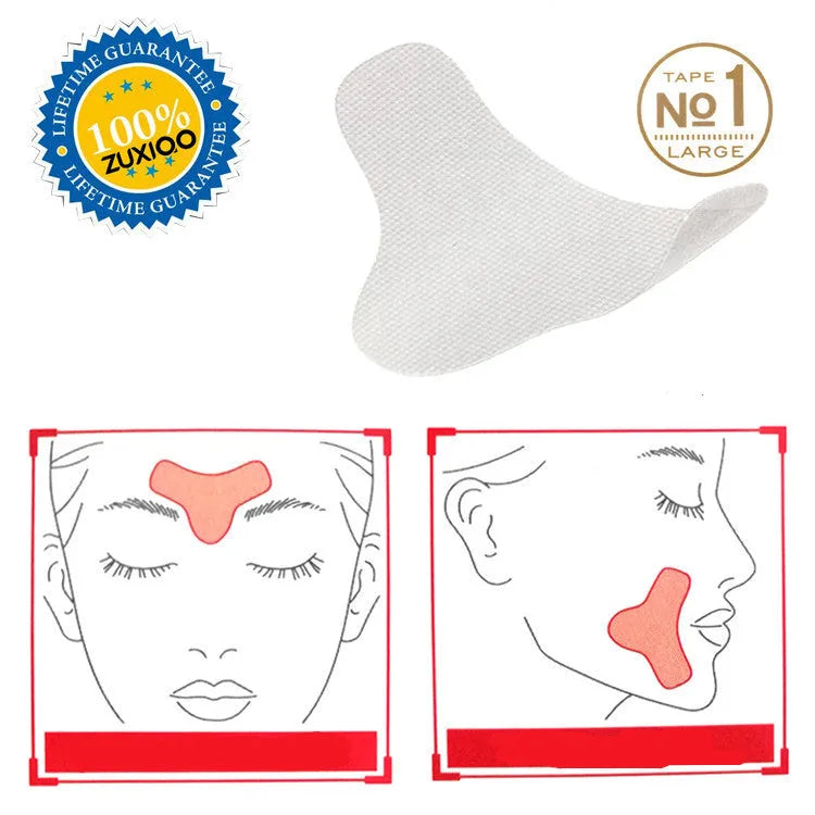 Transparent facial anti-wrinkle pads made of EVA resin and acrylic adhesive, shown on forehead and eye area.