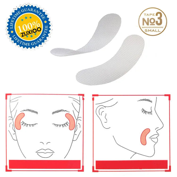 Transparent facial anti-wrinkle pads made of EVA resin and acrylic adhesive, shown on forehead and eye area.