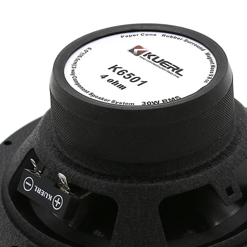 Modified 6.5 inch car audio speaker set in black with wiring and tweeter bases