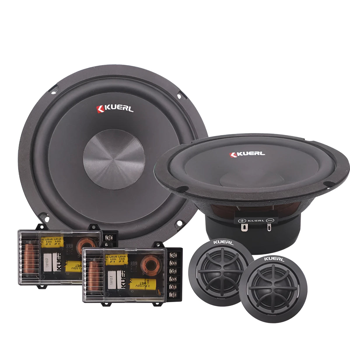 Modified 6.5 inch car audio speaker set in black with wiring and tweeter bases