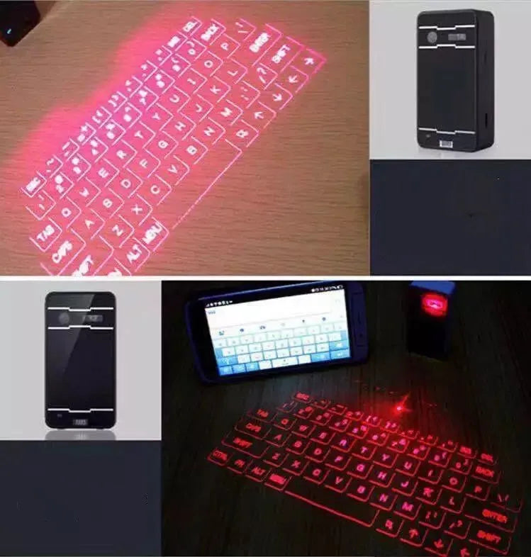 Laser projection keyboard in black projecting a virtual keyboard alongside a smartphone