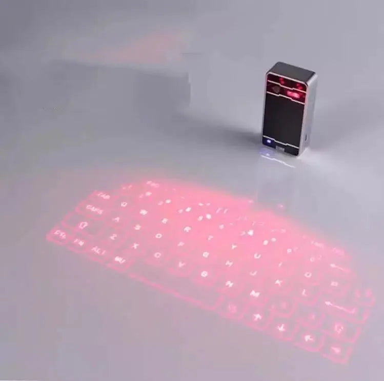 Laser projection keyboard in black projecting a virtual keyboard alongside a smartphone