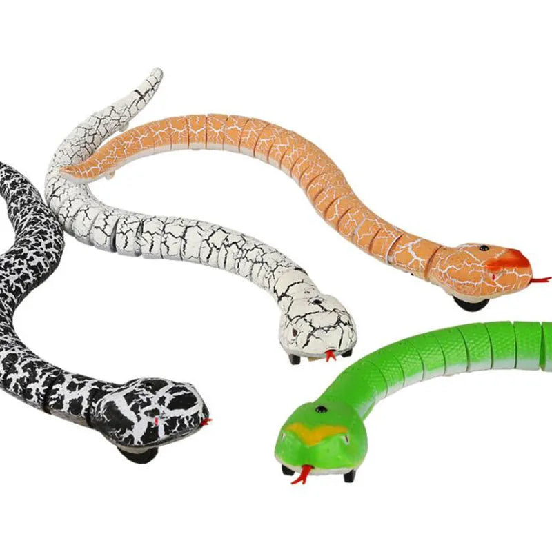 Remote control snake toy with black and grey cobra pattern, showing crawling movement and twelve-button remote control