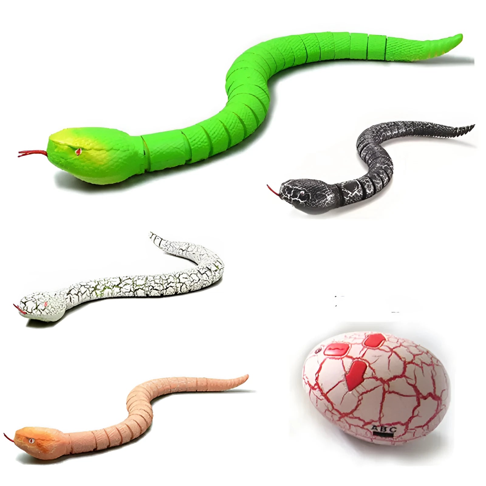 Remote control snake toy with black and grey cobra pattern, showing crawling movement and twelve-button remote control