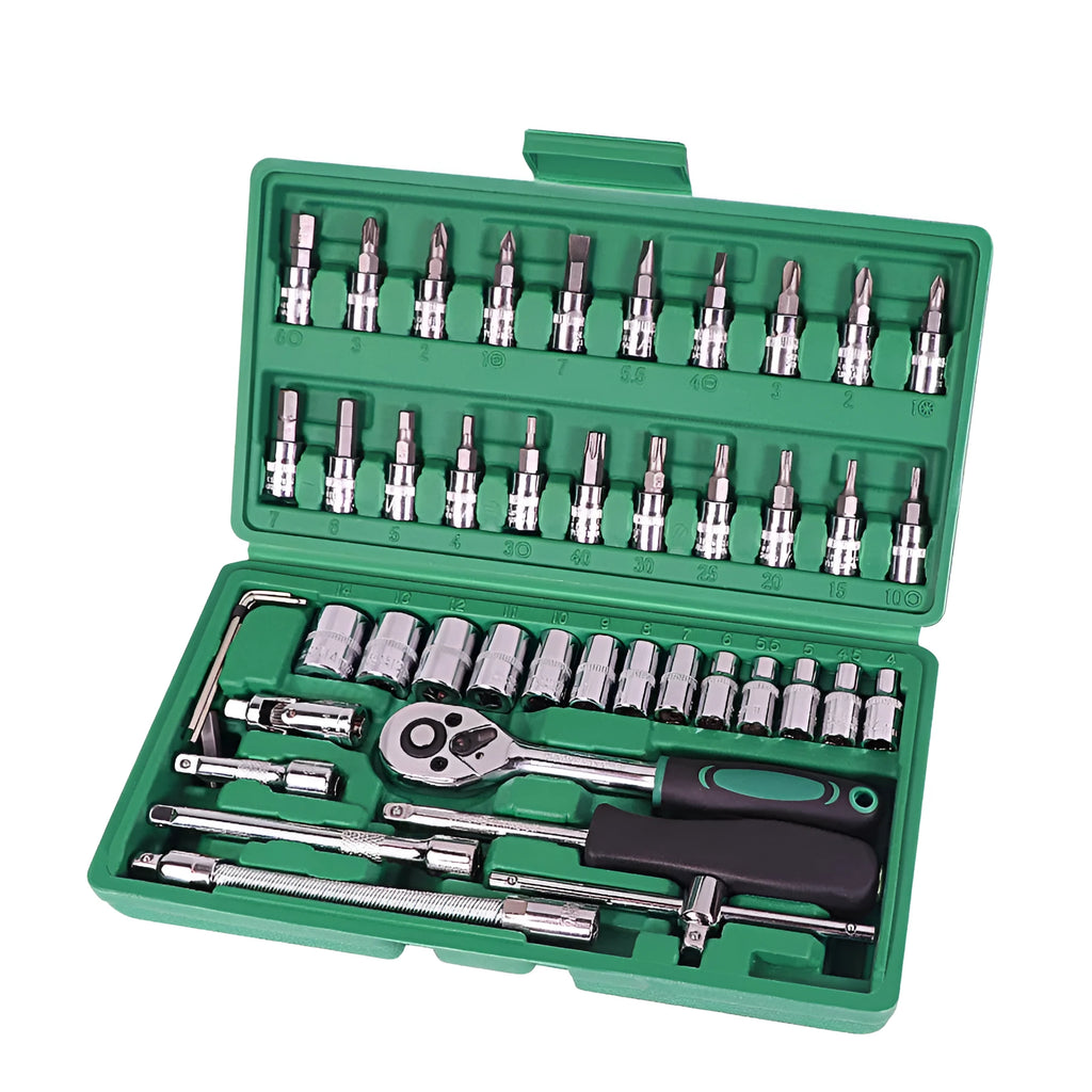 Green 46-piece metric socket and wrench set for car repair in a plastic storage case.